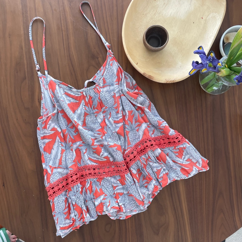 Floral Print Flowy Top with Red Crochet